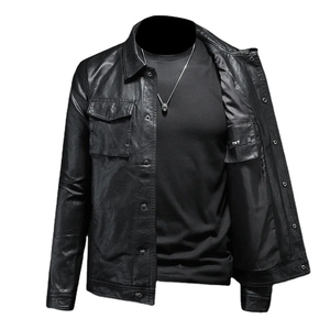Chaqueta de Motociclista de Cuero Genuino para Hombre, Cuello Alto, Cierre de Cremallera, Corte Regular, Estilo Otoñal, Color Negro Sólido - Product Image 3