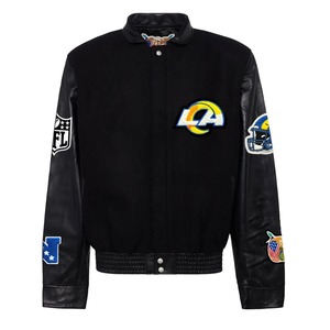 เสื้อแจ็คเก็ตวาร์ซิตี้ Los Angeles Rams หนังรักษ์โลก กันลม สไตล์สตรีทแวร์ สีดำ - Product Image 1