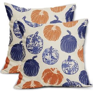 Set di 2 Cuscini Decorativi Autunnali 20x20 con Motivo Zucca Blu e Arancione, Stile Chinoiserie per il Ringraziamento e l'Autunno - Product Image 1