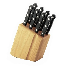 Black Riveted Handle <b>Steak</b> <b>Knives</b> <b>Set</b> with Silver Narrow Blades and Light Brown Wooden Storage Block for Dining Table Cutlery - Product Image 1