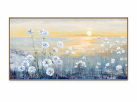 Peinture à l'huile coucher de soleil sur l'océan peinte à la main, fleurs blanches, paysage côtier, toile encadrée, décoration murale pour la maison