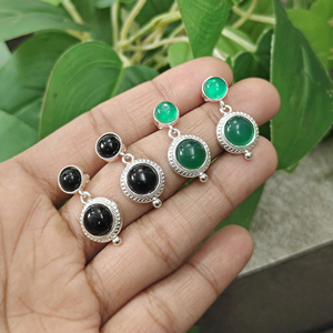 Hip Hop Jewelry Black Onyx and Green Onyx Round Gemstone Drop <b>Earrings</b> Brass Silver Plated Vintage Fashion <b>Earring</b> for Gift - Product Image 4