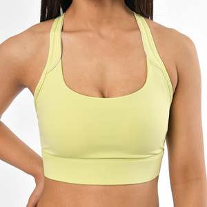 Soutien-gorge de sport respirant sans coutures vert lime, maintien élevé, bande large, encolure dégagée, logo frontal, décoration en maille, brassière d'entraînement pour femme - Product Image 1
