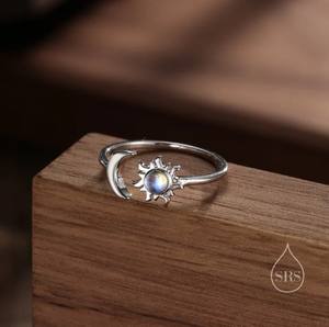 แหวนเงินแท้ประดับมูนสโตนรูปพระจันทร์และพระอาทิตย์ แหวนวงเปิด แหวนซ้อนกันได้ แหวนมูนสโตนจำลอง - Product Image 5