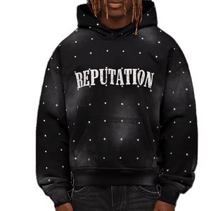 Sweat à capuche tendance pour hommes Bling noir avec strass haute qualité 100% coton pull à capuche thermique - Product Image 3