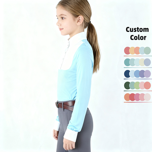 Teenage Kids Equestrian <b>Shirt</b> Half Button <b>Long</b> <b>Sleeve</b> <b>White</b> Blue Horse Riding <b>Shirt</b> Equestrian Show <b>Shirts</b> for Children - Product Image 3