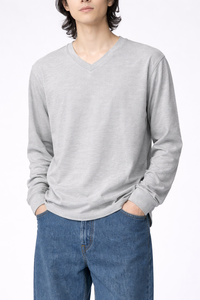 T-shirt à manches longues pour homme, col en V, 100% coton, uni, décontracté, coupe ample, tricoté, respirant, 180g, imprimé en sérigraphie, OEM - Product Image 2