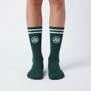 Dark Green Athletic Crew <b>Socks</b> with Double <b>White</b> Stripes Circular Logo Design Team <b>Sports</b> Knit Hosiery - Product Image 2