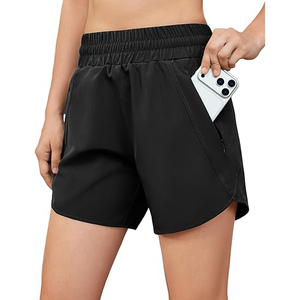 Black Women Gym Shorts <b>Drawstring</b> Polyester Yoga Bottoms With Side Phone Pocket Breathable Workout Shorts For Running - Product Image 1