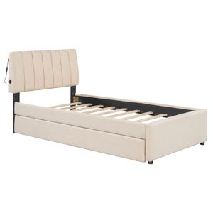 Cama de plataforma tapizada en felpa Teddy color beige, tamaño twin, con cama nido - Product Image 5