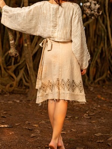 Jupe portefeuille superposée beige, motif tribal, longueur midi, coupe trapèze, en coton, pour femme, prix de gros - Product Image 2