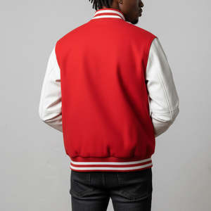 Blouson universitaire pour homme OEM ODM style streetwear, 100% coton molletonné, rouge et blanc, avec boutons, pour usage décontracté - Product Image 3