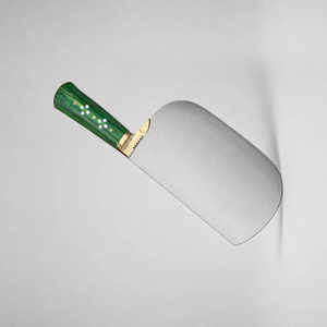 Couteau à viande robuste, lame large courbée argentée, manche riveté vert, embout doré, couteau de boucher pour la découpe de viande - Product Image 4