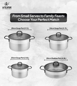 Ensemble de casseroles de luxe en acier inoxydable 18/10, 8 pièces, avec couvercles en verre, poignées en acier noir et base compatible induction - Product Image 2