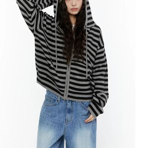 <b>Womens</b> Grey Black Striped Zip Up Knit Hoodie Oversized <b>Slouchy</b> Cardigan Sweater <b>Jumper</b> Y2K Streetwear Casual Vintage Grunge Tops - Product Image 2