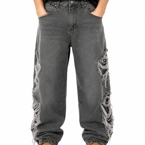 Men Distressed Jeans Washed Denim Relaxed Baggy Fit Ripped Detail Style Modern Streetwear Look Durable Denim Fabric - Product Image 1