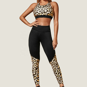 Ensemble de yoga imprimé léopard taille haute pour femme, 2 pièces : haut court dos nu et leggings longs en Spandex et Polyester, tenue de sport - Product Image 1
