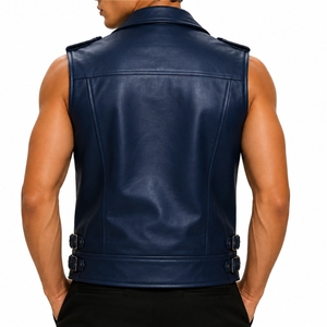 Veste en cuir décontractée pour hommes, style motard, sans manches, col large, fermeture éclair sur le devant, plusieurs poches, ajustable - Product Image 2