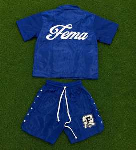 Blue Men's Embroidered Button Down <b>Shirt</b> and Matching Shorts Set Casual Summer Quick Dry Two Piece Beach Outfit Set for Men - Product Image 2