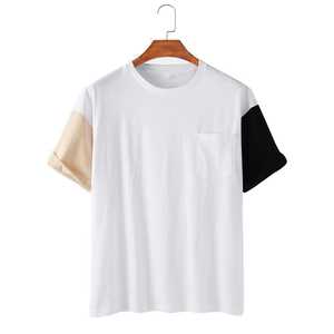 Men's Color Blocked Knitted Short Sleeve T-<b>Shirt</b> O-Neck Regular Fit Casual <b>Geometric</b> Pattern Front Anti-Shrink Beige Blue Black - Product Image 3