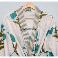 Robe Kimono Longue 100% Coton Pur à Col en V Imprimé Floral Élégant avec Cordon de Serrage pour Femme – Idéale Printemps-Été, Vêtement de Nuit et de Plage Doux et Lisse