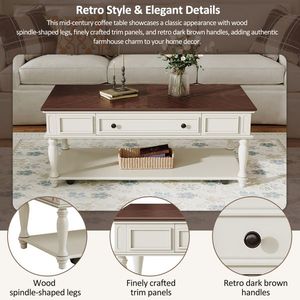 Tavolino da Caffè Stile Country con Un Cassetto, Facile Montaggio, Design Retrò, Tavolo Cocktail Rettangolare Mobile con Ruote Bloccabili - Product Image 3