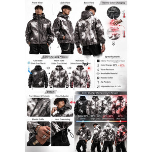 Chaqueta acolchada impermeable con estampado estándar que cambia de color al contacto con el agua, estilo streetwear para hombre, con capucha, para invierno. - Product Image 5