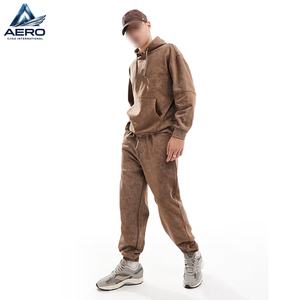 Vintage Faded Light <b>Brown</b> Tracksuit Plain Textured Wash Pullover Hoodie Ribbed Cuff Pants Set Oversized Streetwear - Product Image 1
