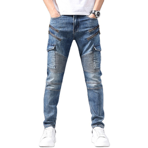 Jeans de Mezclilla Cargo para Hombre, Color Azul Sólido, Corte Ajustado, Cintura Media, Estilo Motociclista, con Cierres y Bolsillos, para Otoño, Tela de Algodón - Product Image 3