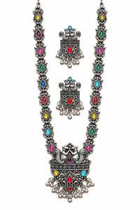 Parure de bijoux de mariage vintage colorée pour femme, collier superposé et boucles d'oreilles, plaqué argent antique, collier long de haute qualité - Product Image 6
