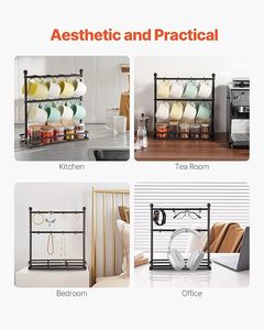 Support à tasses en métal à double niveau avec plateau de rangement pour vaisselle de cuisine, organisateur moderne sur pied, porte-tasses multifonctionnel - Product Image 2