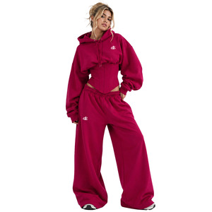 Urban Fashion Solid Color Oversized <b>Cropped</b> <b>Zip</b> <b>Up</b> Tracksuit Matching Casual Shorts Set 100% Cotton Heavy Fleece Cozy Loungewear - Product Image 2