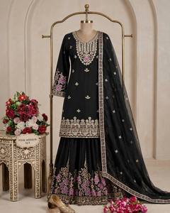 Traje Salwar de Seda Bordado Negro con Dupatta, Vestido de Boda Tradicional Indio Pakistaní para Mujer, Largo hasta el Suelo - Product Image 1