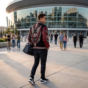 Veste bomber pour homme avec motif d'ailes d'ange noir et rouge personnalisé, manches en cuir, veste streetwear tendance ONEAPEX - Product Image 6