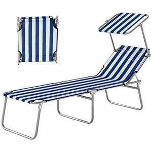 Outdoor <b>Pool</b> Folding <b>Tanning</b> Lounge Chair with Sun Shade Blue and White Aluminum Frame Olefin Cushion for <b>Tanning</b> by the <b>Pool</b> - Product Image 1