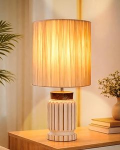 Lampe de table moderne en céramique blanche avec abat-jour en tissu plissé, éclairage décoratif pour salon et chambre à coucher - Product Image 2