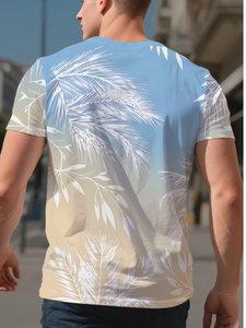 เสื้อยืดคอกลมแขนสั้นลายใบปาล์มเขตร้อนสำหรับผู้ชาย ทรงปกติ สวมใส่สบาย ระบายอากาศได้ดี ผลิตจากผ้าโพลีเอสเตอร์ถัก  แบบพิมพ์ลายด้วยเทคนิค Sublimation Transfer - Product Image 6