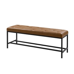 Banc ottoman rembourré en similicuir noir avec cadre en acier métallique et revêtement en poudre, siège, tabouret, repose-pieds - Product Image 1