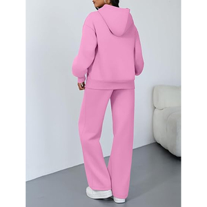 Women's <b>Pink</b> Hooded 100% Cotton <b>Tracksuit</b> Set Full Sleeve Solid Color Casual Loose Fit Sweatshirt Pants - Product Image 2