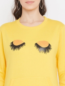 Sweat-shirt jaune à col rond pour femme avec motif d'yeux de dessin animé brodés, coupe classique, manches longues, en coton tricoté, pour l'automne - Product Image 2