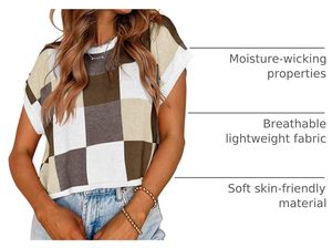 SAJZA INTERNATIONAL Women's Casual Breathable Plaid Jacquard Sleeveless Short Crop Summer Thin Color <b>Block</b> Knit Shirt - Product Image 6