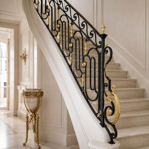 Rampe d'escalier incurvée en fer forgé noir et or de luxe, balustrade ornée pour la décoration intérieure de villas et de maisons de prestige - Product Image 1