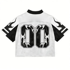 Men's White Short Sleeve V-Neck Mesh Jersey With Black <b>Flame</b> Pattern Number 00 Oversized Crop Sporty Style Breathable - Product Image 2