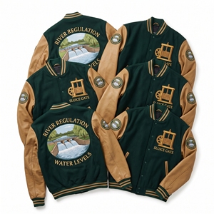 Blouson universitaire en laine anthracite avec broderie Aqueduct 'Navigable Waterways' et manches en cuir crème, style bomber, vente en gros - Product Image 3