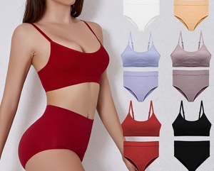 Ensemble de soutien-gorge et culotte côtelés 2 pièces pour femmes, sous-vêtements respirants en tricot - Product Image 1