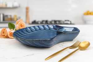 Blue <b>Ceramic</b> Leaf-Shaped Serving <b>Plate</b> With Sauce Compartment Premium Shell Design <b>Ceramic</b> Snack & Pasta Serving <b>Plate</b> - Product Image 4