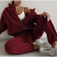 Ensemble de survêtement pour femme, 100% coton, avec poignets côtelés, deux pièces, toutes saisons, élégant, uni, coupe oversize, chaud, à capuche et boutonné