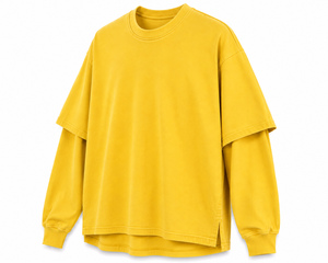 เสื้อยืดคอกลมแขนยาวทรงโอเวอร์ไซส์สองชั้นสำหรับผู้ชาย สีพื้น ผ้าถัก สไตล์ลำลอง ด้านหน้าเป็นมิตรต่อสิ่งแวดล้อม ผ้าฝ้าย 100% สไตล์ไฮสตรีท - Product Image 3