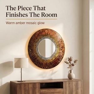 Miroir mural rond en mosaïque fait main, miroir décoratif en verre pour salon, chambre, entrée, salle de bain, décoration de maison de luxe - Product Image 2