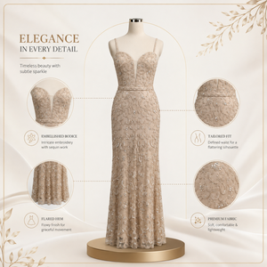 Womens Champagne <b>Sequin</b> Embroidered Maxi Dress Spaghetti Strap Modern Natural Waist Elegant Evening Party Wedding Formal Prom - Product Image 5
